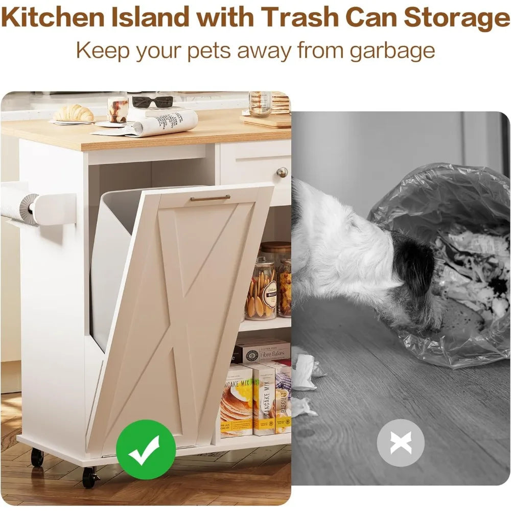 Rolling Kitchen Island with Trash Can Storage, Kitchen Island Cart with Drop Leaf Countertop, 47.2” Kitchen Island on Wheels