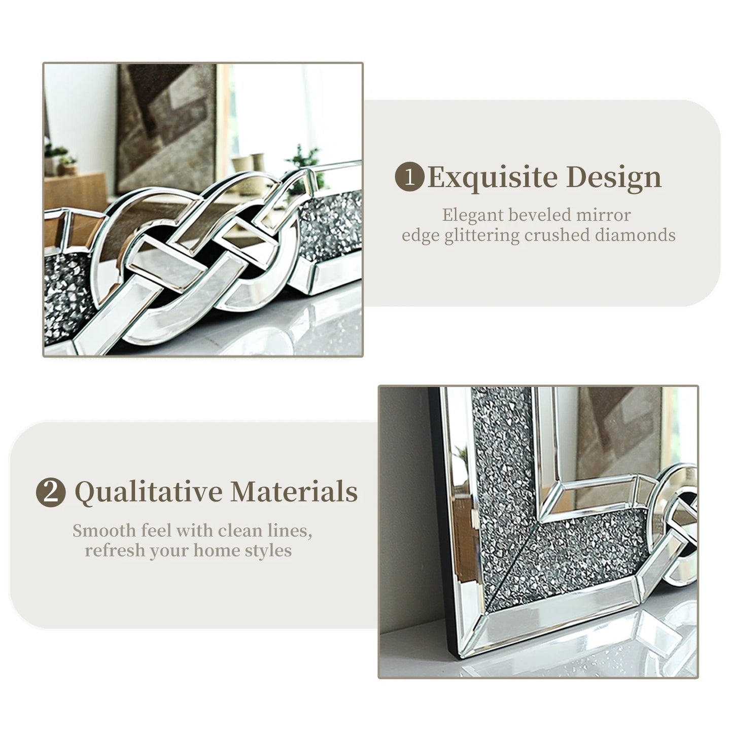 Wisfor Crushed Diamond Wall Mirror Rectangular Glass Silver Vanity Decor