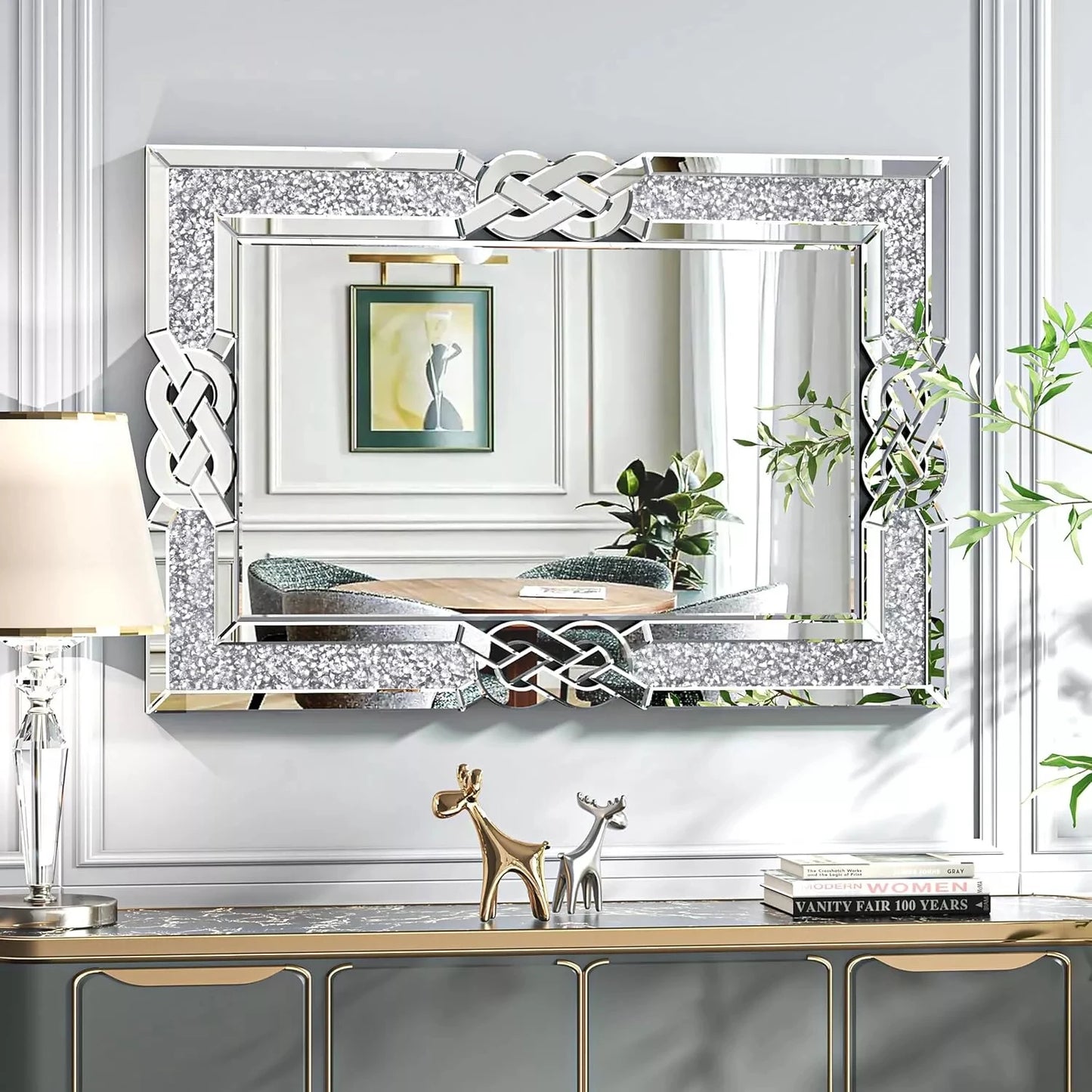 Wisfor Crushed Diamond Wall Mirror Rectangular Glass Silver Vanity