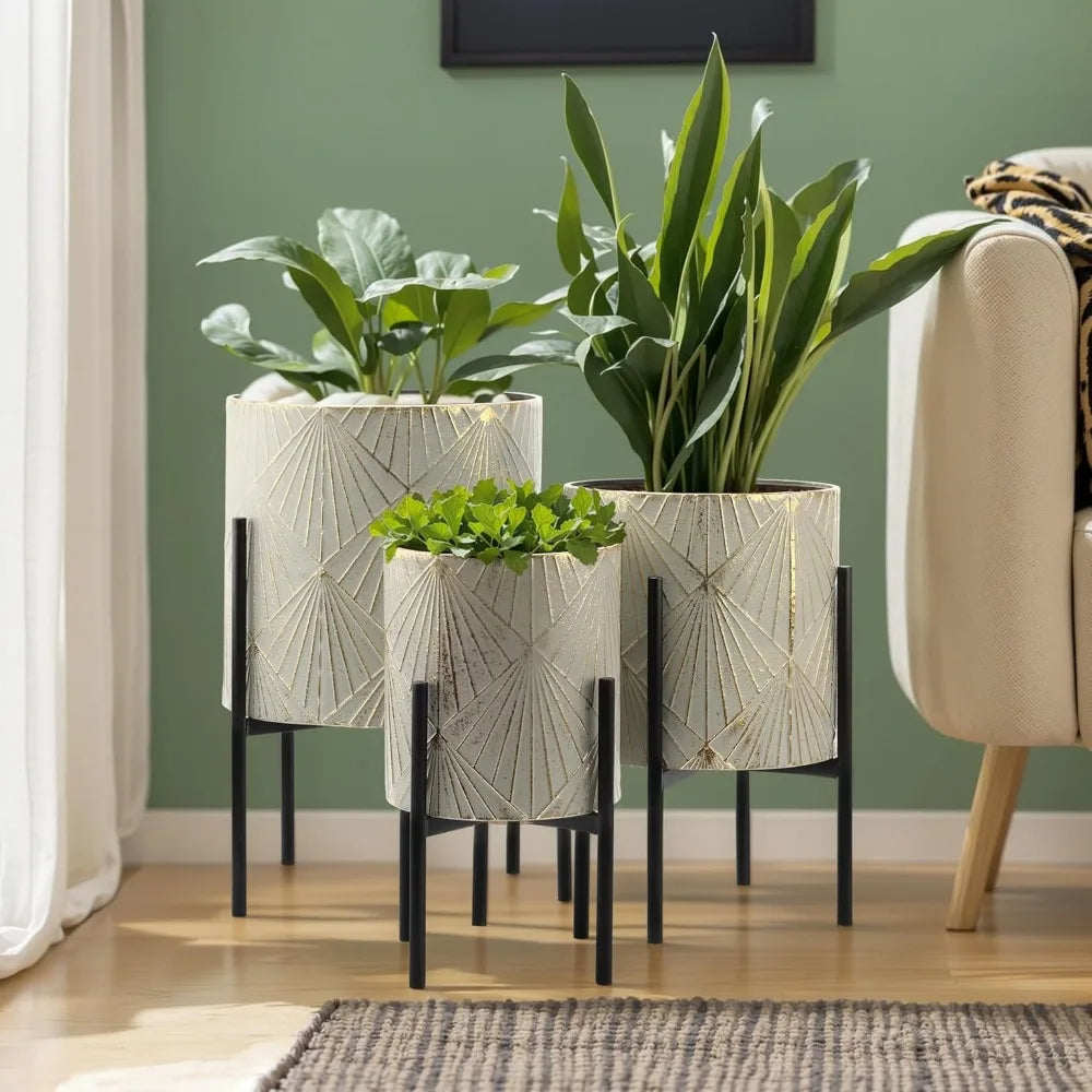 LuxenHome Indoor Plant Planters Set of 3 Floor Pots with Stands Modern Decorative Metal Flower Pots Distressed Gray Gold