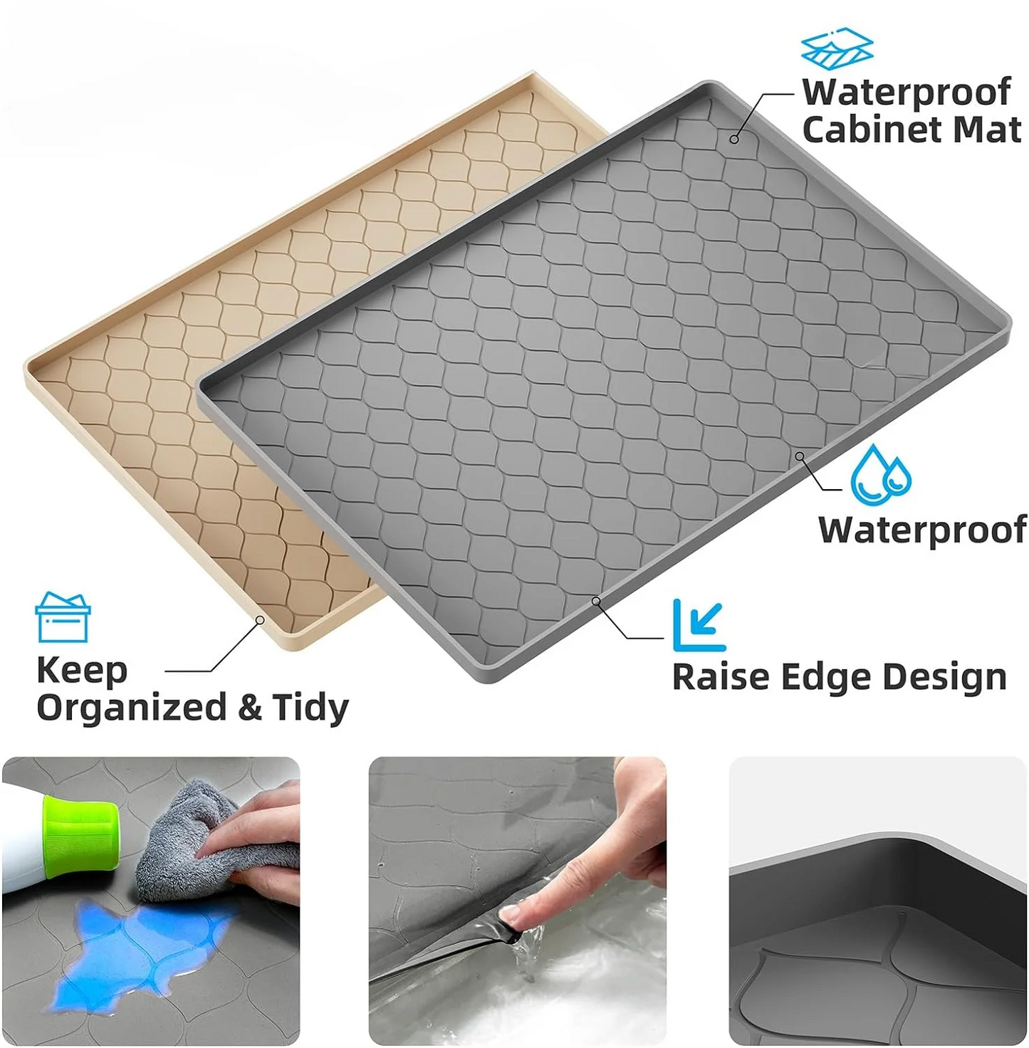 Waterproof Under Sink Mat 34 Inch x 22 Inch Cabinet Liner for Kitchen and Bathroom Shelf Protector Silicone Under Sink Tray