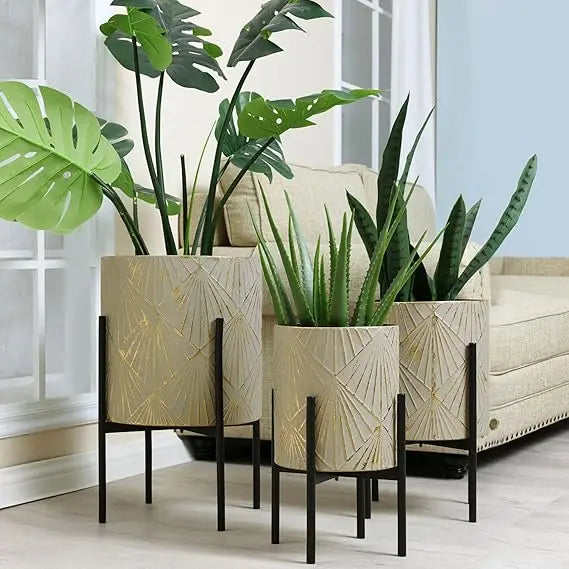 LuxenHome Indoor Plant Planters Set of 3 Floor Pots with Stands Modern Decorative Metal Flower Pots Distressed Gray Gold