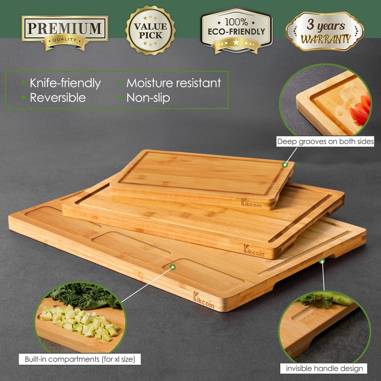 3 Piece Kitchen Cutting Board Set, Kitchen Bamboo Cutting Board