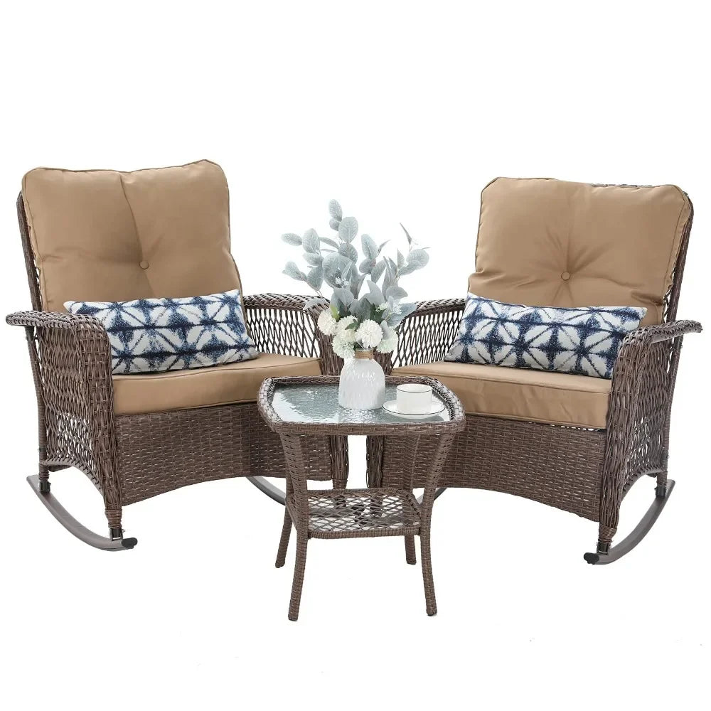 Outdoor Rocker Chairs and Coffee Table for Garden, Wicker Rocking Bistro Set with Thick Cushions, Patio Furniture Set 3 Pieces