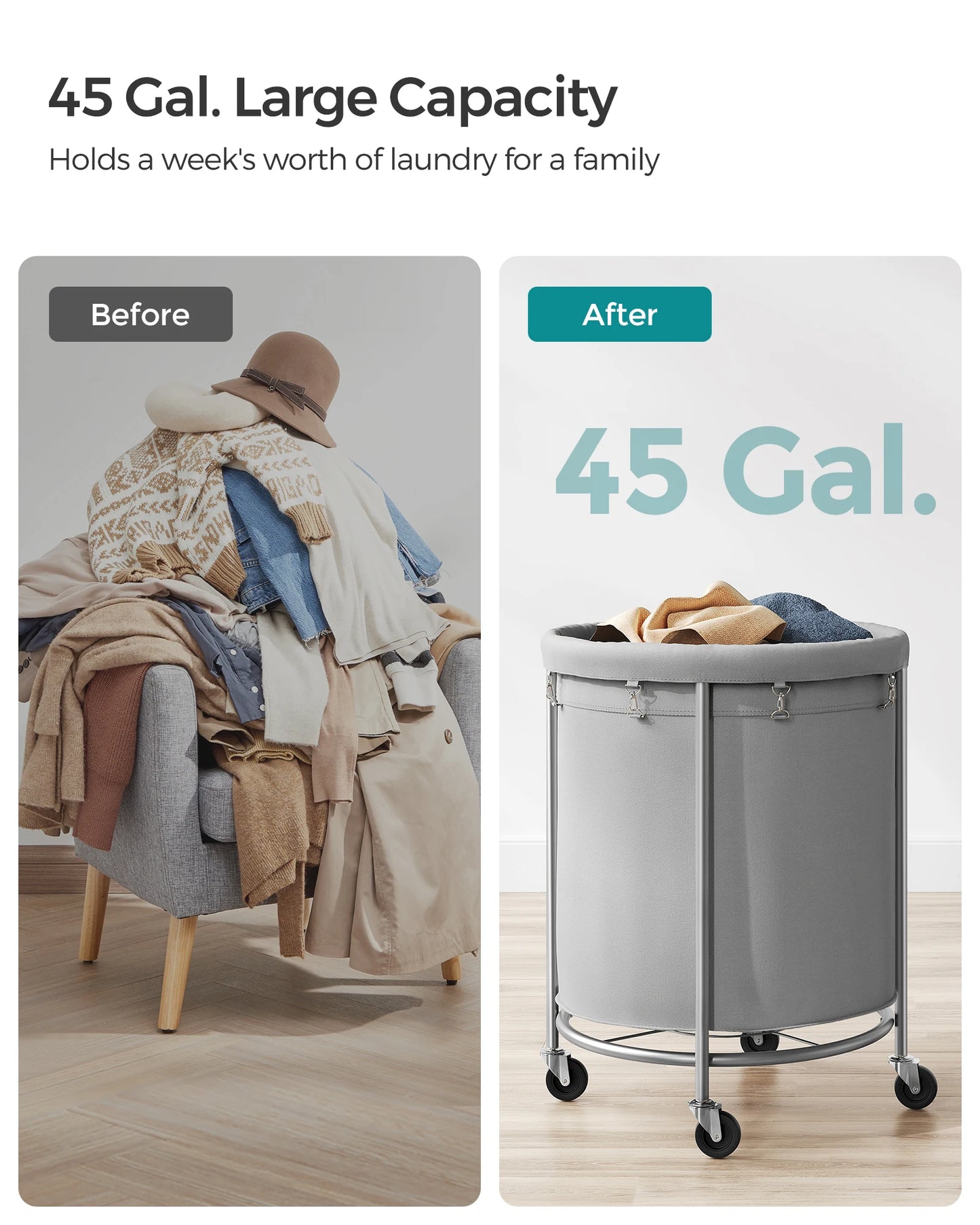 Songmics Laundry Basket with Wheels Rolling Laundry Hamper 45 Gallon Round Laundry Cart with Steel Frame and Removable Bag
