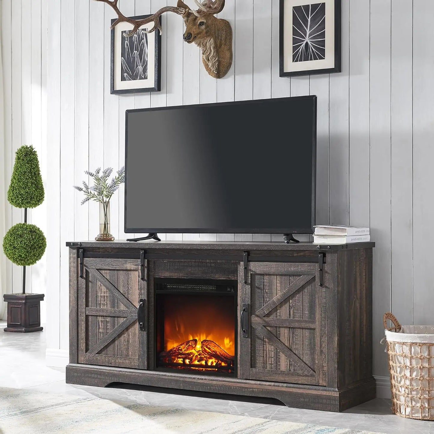 65+ Inch TV, Rustic Entertainment Center with 18" Fireplace, Sliding Barn Door,