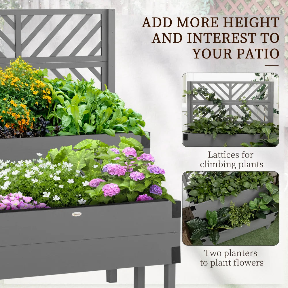Raised Garden Bed with Trellis Two Tier Wooden Elevated Planter Box with Legs and Metal Corners for Vegetables Flowers and Herbs