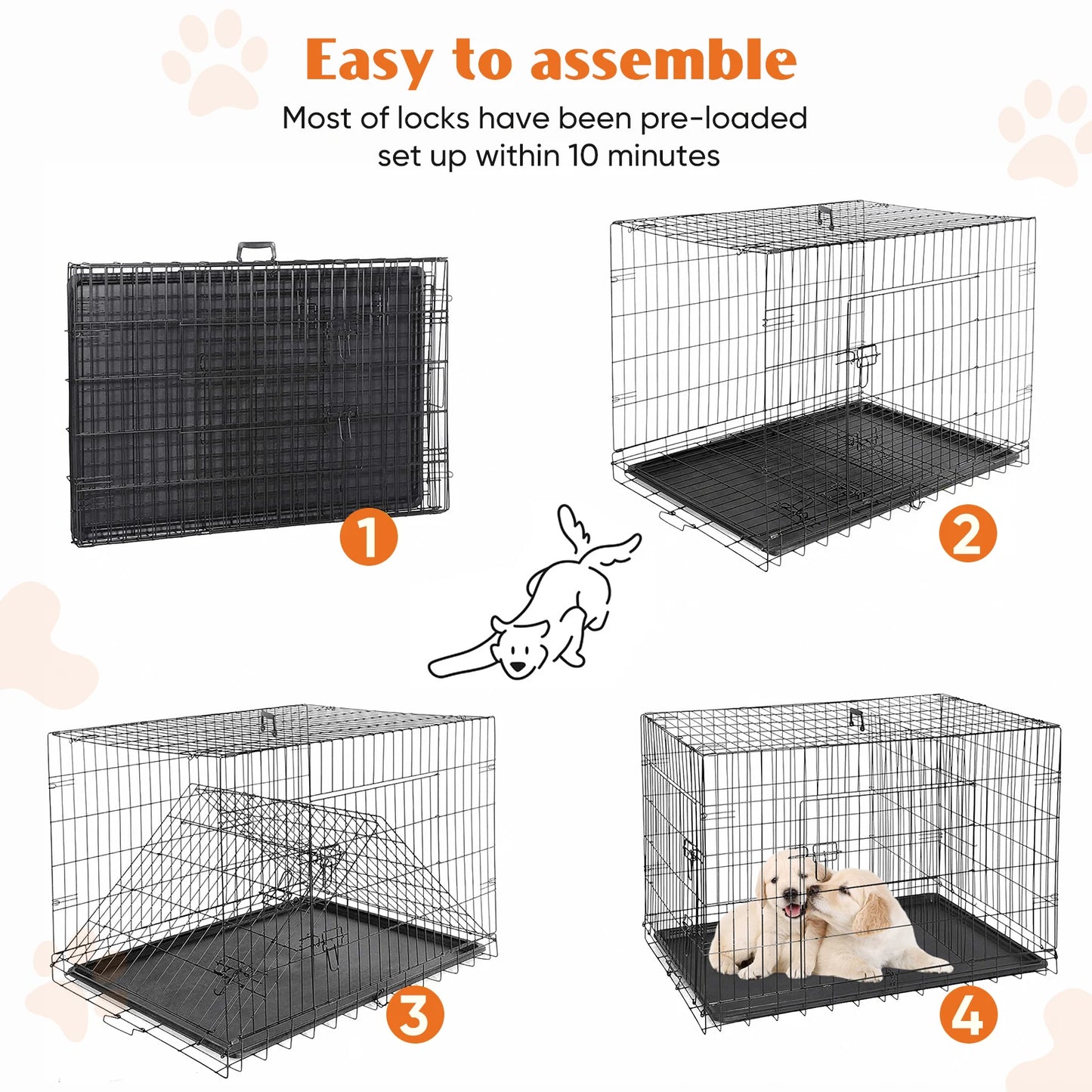 JHK Double Door Folding Metal Wire Dog Cage with Plastic Leak-Proof Pan Tray Extra Large Pet