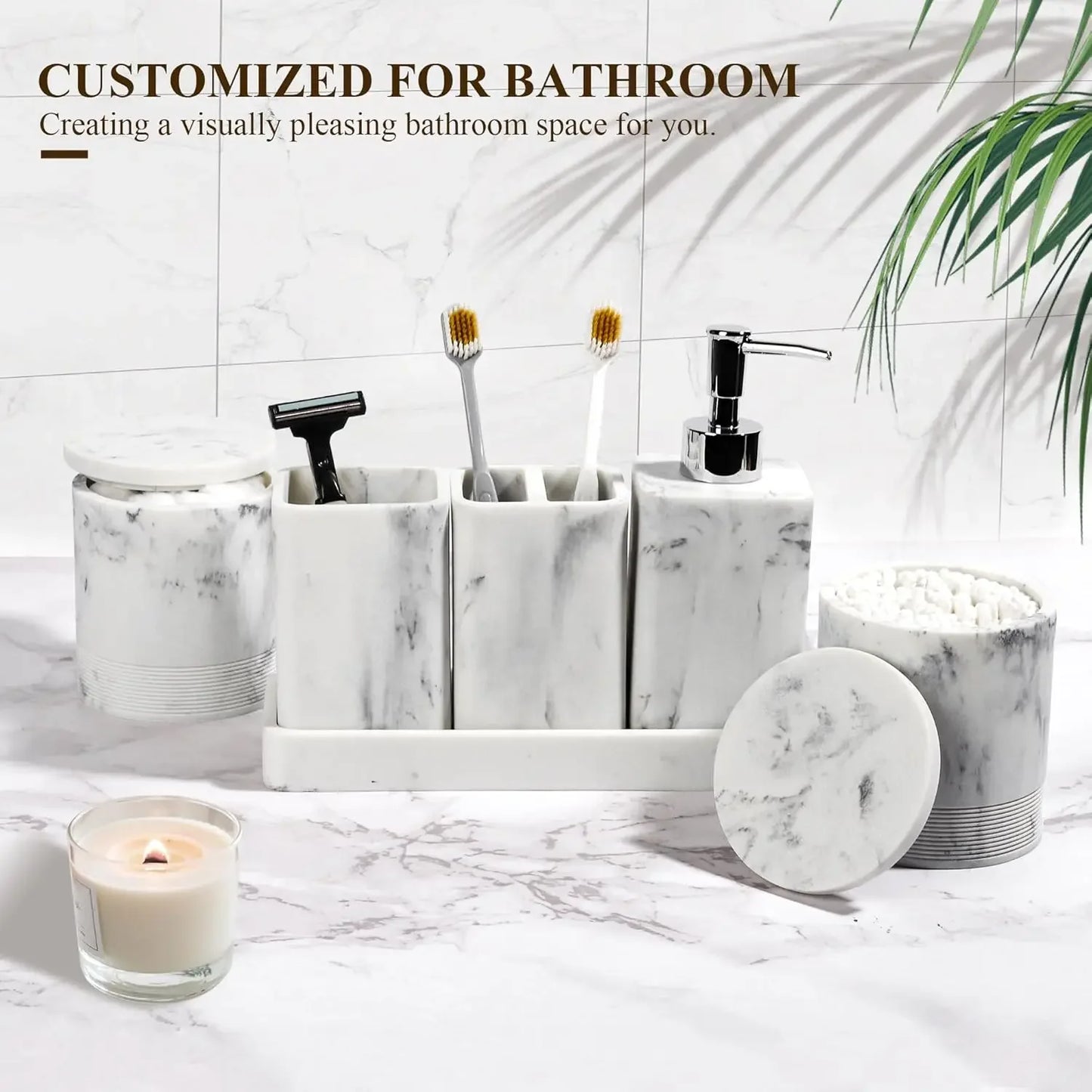Authentic Bathroom Accessories Set 6 Piece Bathroom Set with Toothbrush Holders Soap Dispenser Vanity Tray Artificial Marble