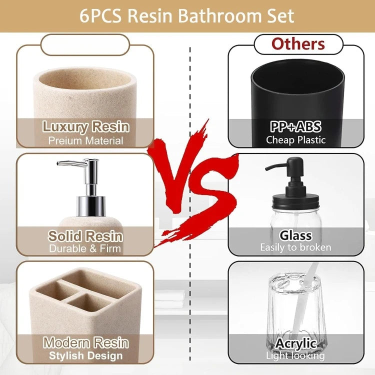 Resin 6 Piece Beige Bathroom Set with Toothbrush Holder Lotion Soap Dispenser Qtip Holder Dispensers Vanity Tray and Bathroom Tumbler