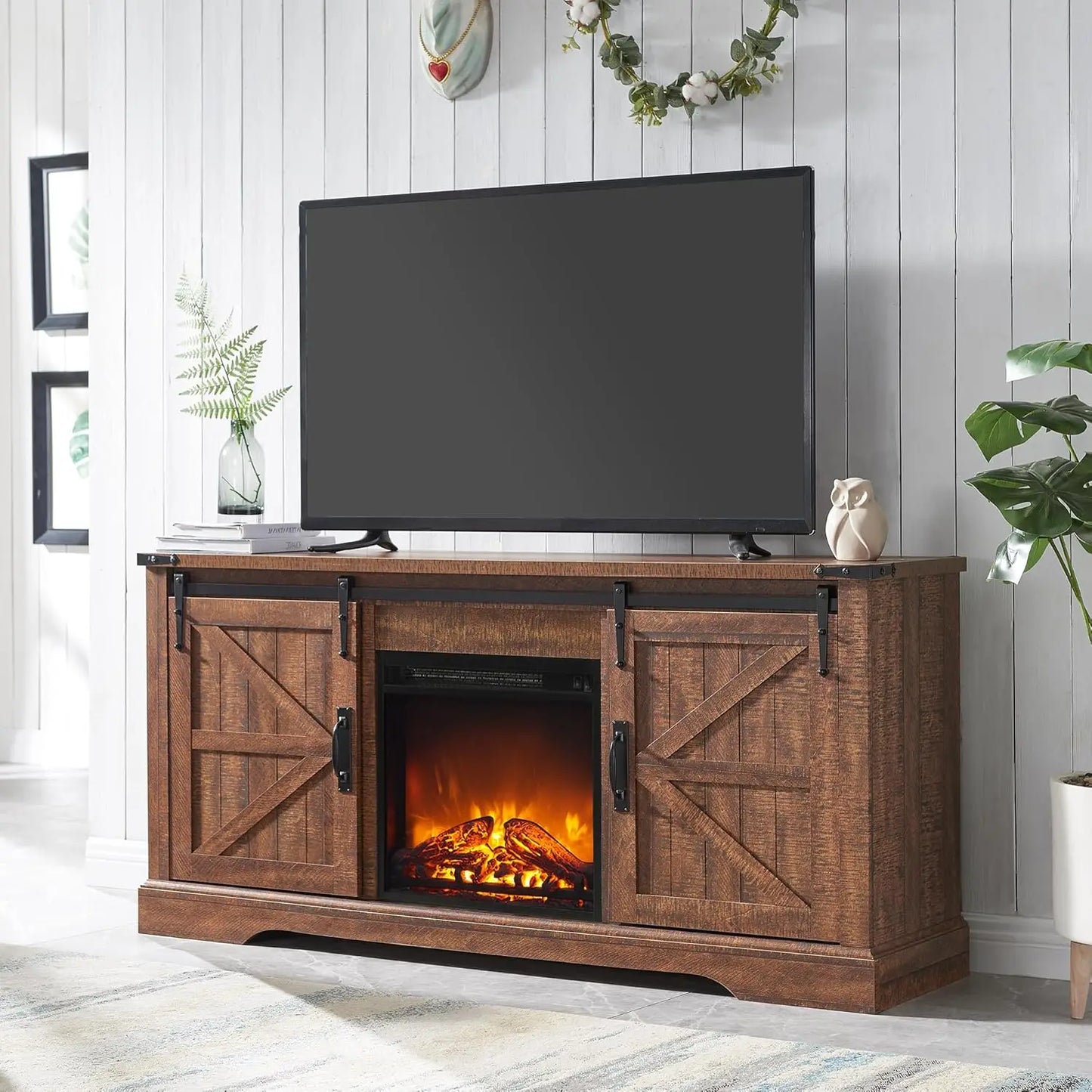 65+ Inch TV, Rustic Entertainment Center with 18" Fireplace, Sliding Barn Door,