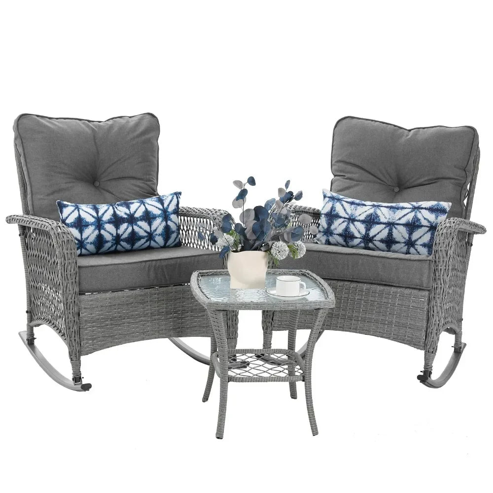 Outdoor Rocker Chairs and Coffee Table for Garden, Wicker Rocking Bistro Set with Thick Cushions, Patio Furniture Set 3 Pieces