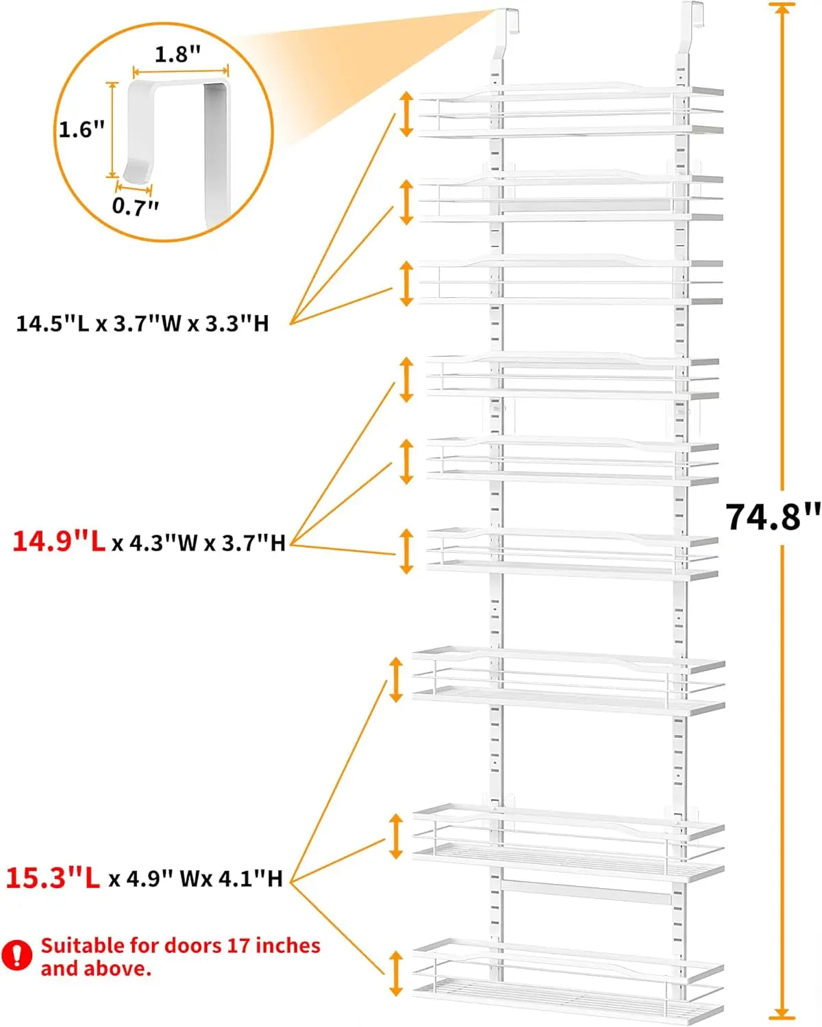 White 9 Tier Over The Door Pantry Organizer Metal Hanging Spice Rack Shelves Storage Solution for Home