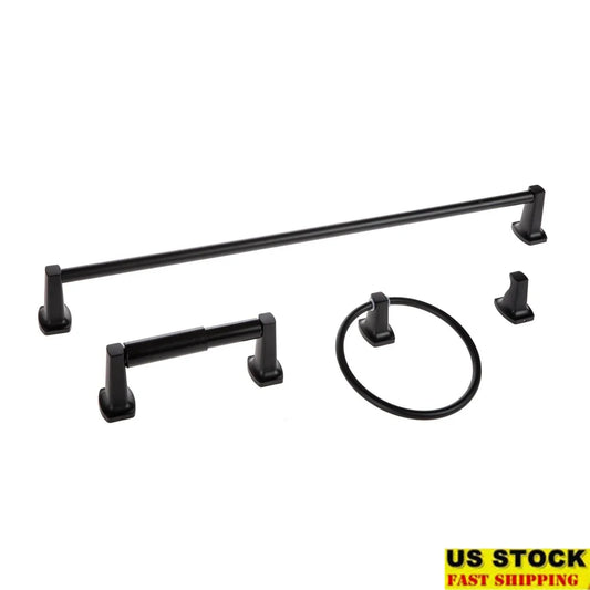 4 Piece Wall Mount Steel Towel Holder Set Bathroom Hardware Matte Black Towel Bar Ring Hook Toilet Paper Holder Rust Resistant