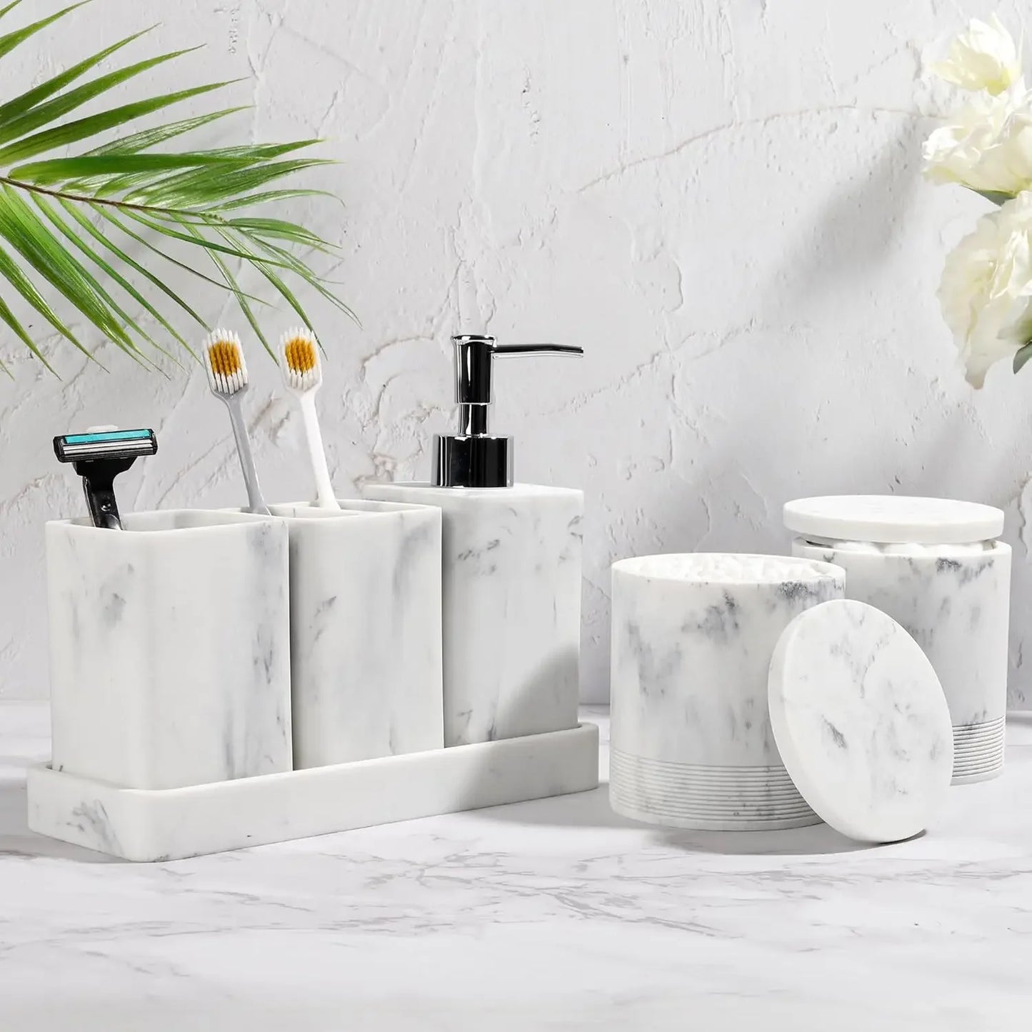 Authentic Bathroom Accessories Set 6 Piece Bathroom Set with Toothbrush Holders Soap Dispenser Vanity Tray Artificial Marble