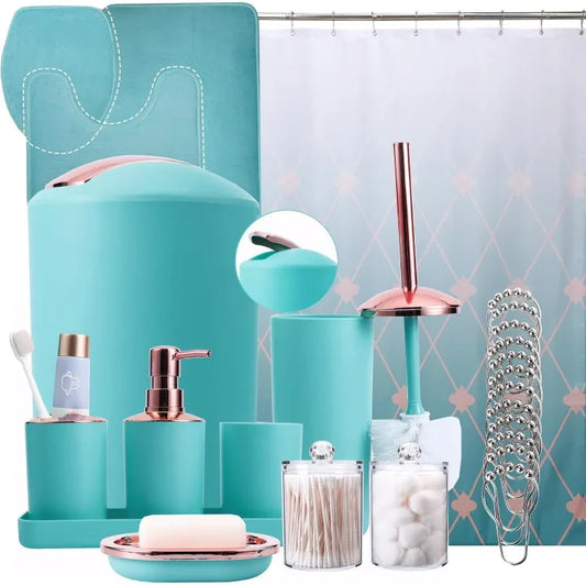 25 Pcs Complete Bathroom Set with Shower Curtain and Rugs Including Trash Can Soap Dispenser Soap Dish Toilet Brush Toothbrush Holder Tumbler Cup Tray Q Tip Canisters Teal