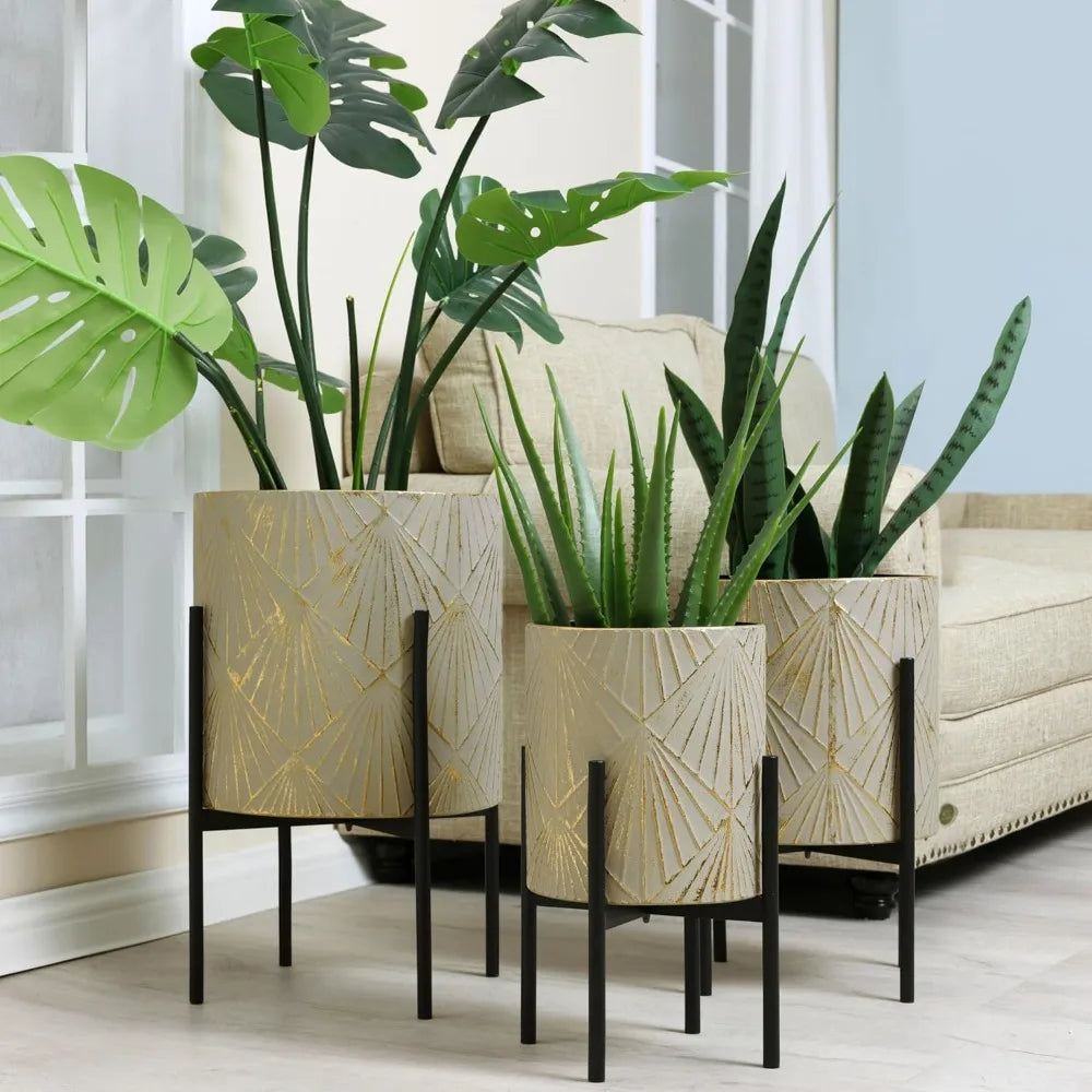 LuxenHome Indoor Plant Planters Set of 3 Floor Pots with Stands Modern Decorative Metal Flower Pots Distressed Gray Gold