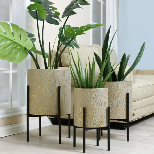 LuxenHome Indoor Plant Planters Set of 3 Floor Pots with Stands Modern Decorative Metal Flower Pots Distressed Gray Gold