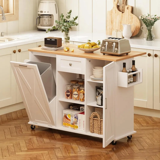 Rolling Kitchen Island with Trash Can Storage, Kitchen Island Cart with Drop Leaf Countertop, 47.2” Kitchen Island on Wheels