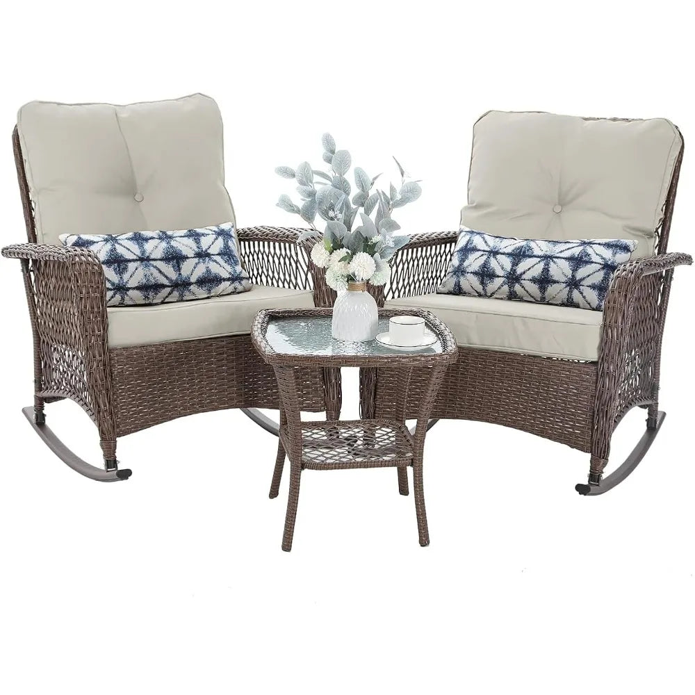 Outdoor Rocker Chairs and Coffee Table for Garden, Wicker Rocking Bistro Set with Thick Cushions, Patio Furniture Set 3 Pieces