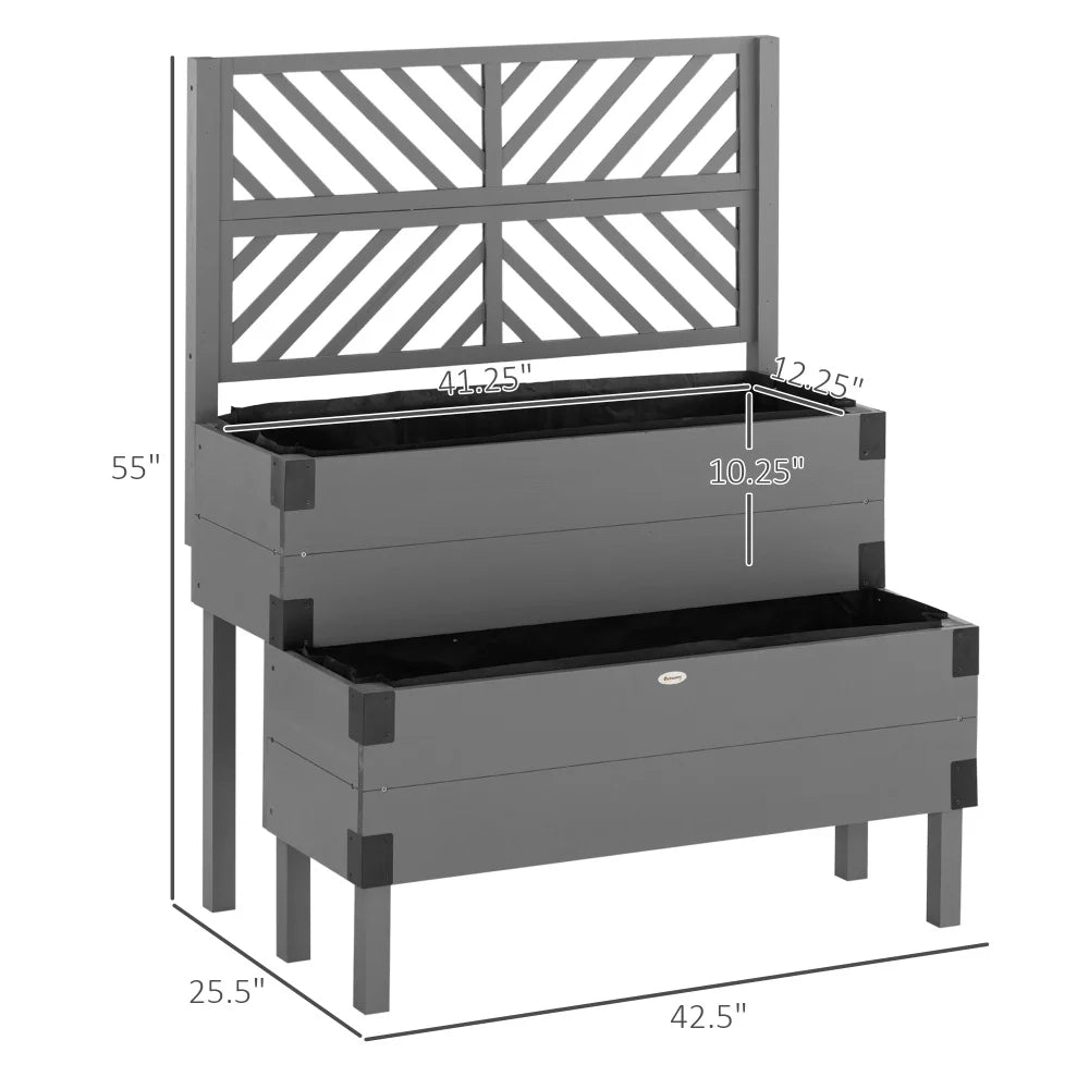 Raised Garden Bed with Trellis Two Tier Wooden Elevated Planter Box with Legs and Metal Corners for Vegetables Flowers and Herbs