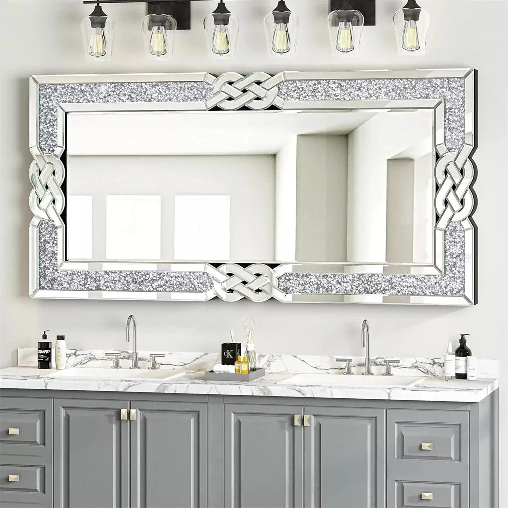 Wisfor Crushed Diamond Wall Mirror Rectangular Glass Silver Vanity Decor