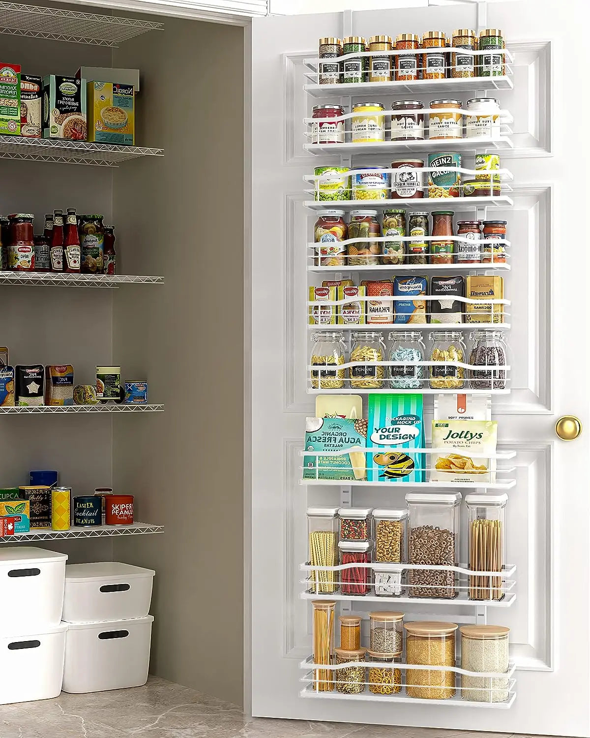 White 9 Tier Over The Door Pantry Organizer Metal Hanging Spice Rack Shelves Storage Solution for Home