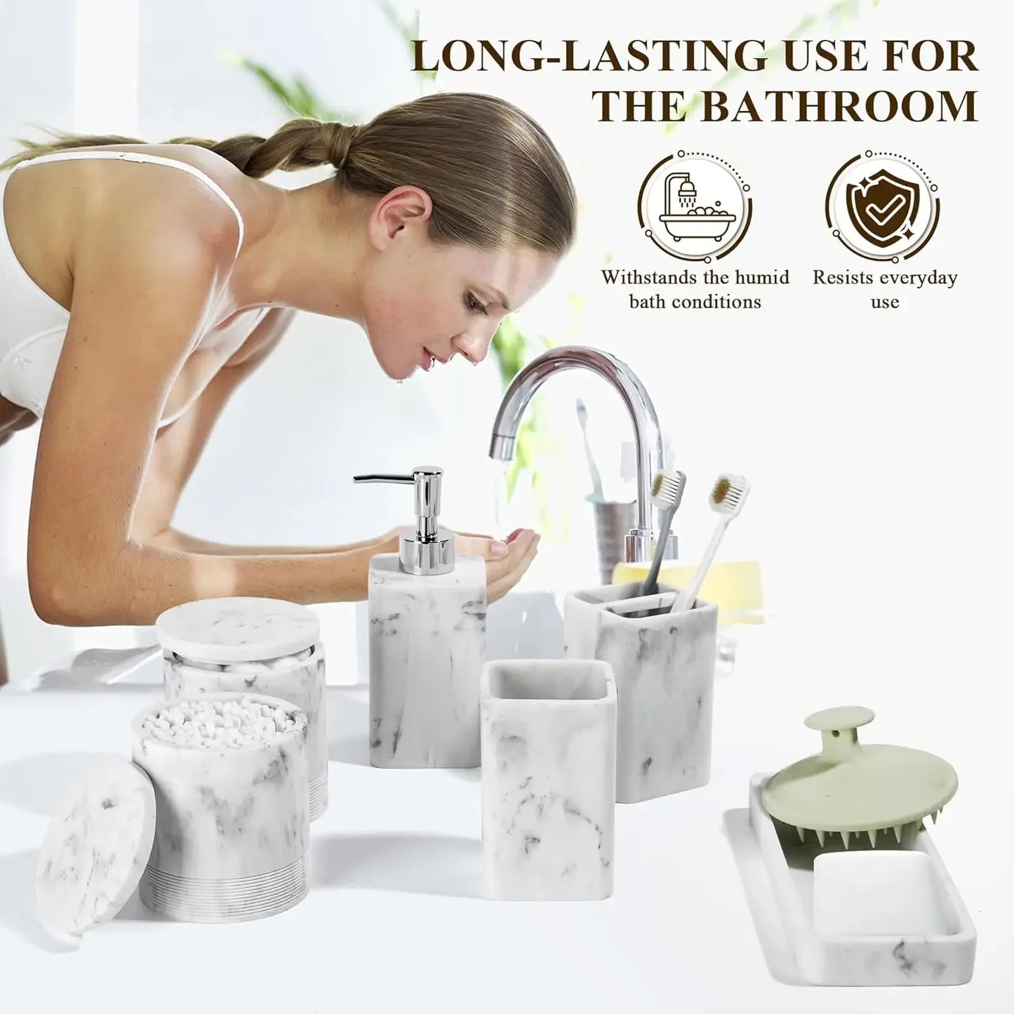 Authentic Bathroom Accessories Set 6 Piece Bathroom Set with Toothbrush Holders Soap Dispenser Vanity Tray Artificial Marble