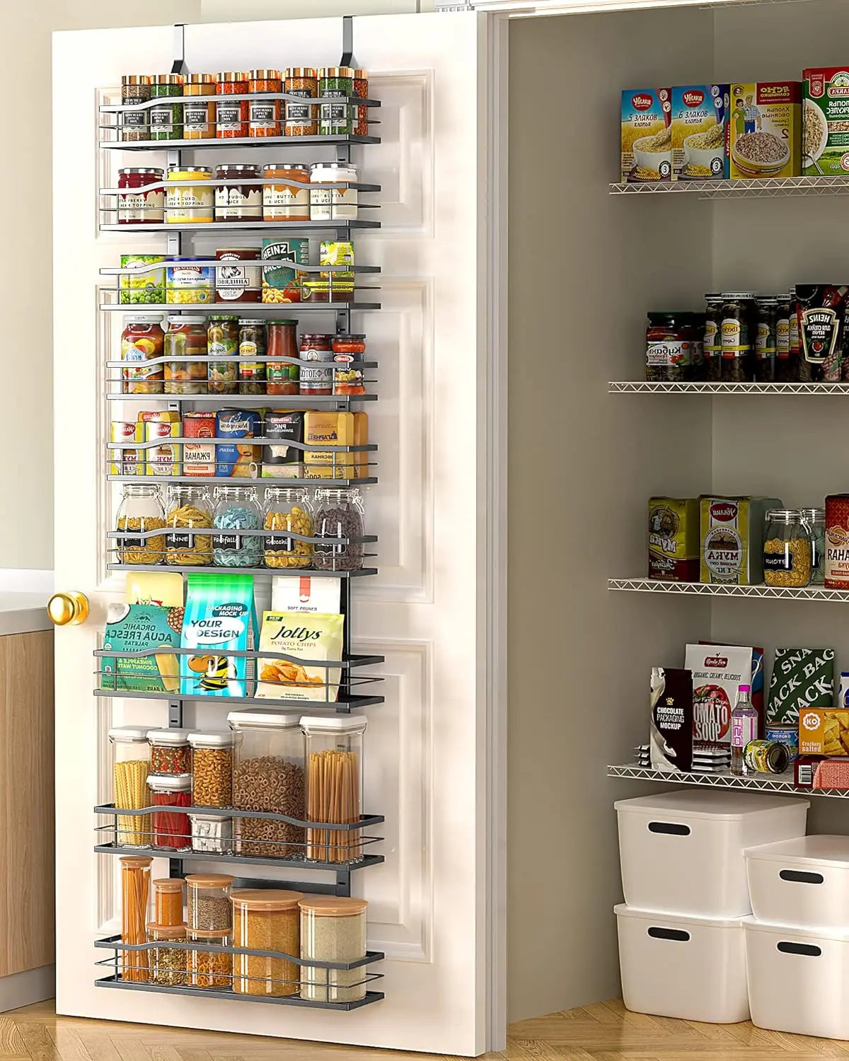 White 9 Tier Over The Door Pantry Organizer Metal Hanging Spice Rack Shelves Storage Solution for Home