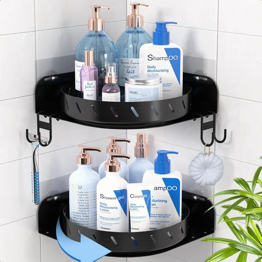 360 Degree Rotating Corner Shower Caddy Shelf With 6 Hooks 2 Pack Bathroom Shower Organizer Corner With 5 Pieces Adhesive Stainless Steel