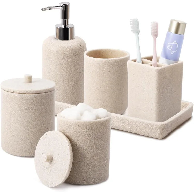 Resin 6 Piece Beige Bathroom Set with Toothbrush Holder Lotion Soap Dispenser Qtip Holder Dispensers Vanity Tray and Bathroom Tumbler