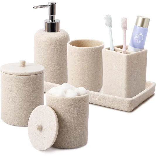 Resin 6 Piece Beige Bathroom Set with Toothbrush Holder Lotion Soap Dispenser Qtip Holder Dispensers Vanity Tray and Bathroom Tumbler