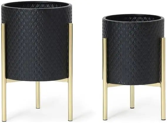 LuxenHome Indoor Plant Planters Set of 3 Floor Pots with Stands Modern Decorative Metal Flower Pots Distressed Gray Gold