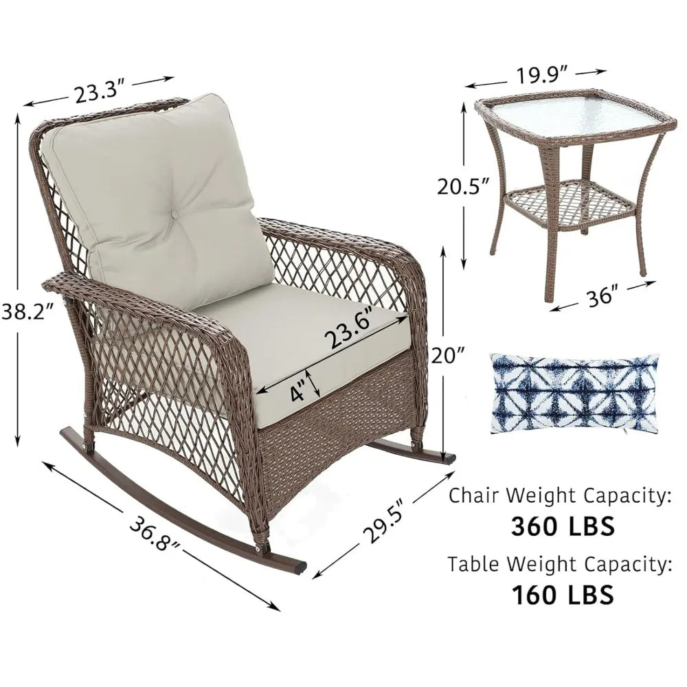 Outdoor Rocker Chairs and Coffee Table for Garden, Wicker Rocking Bistro Set with Thick Cushions, Patio Furniture Set 3 Pieces