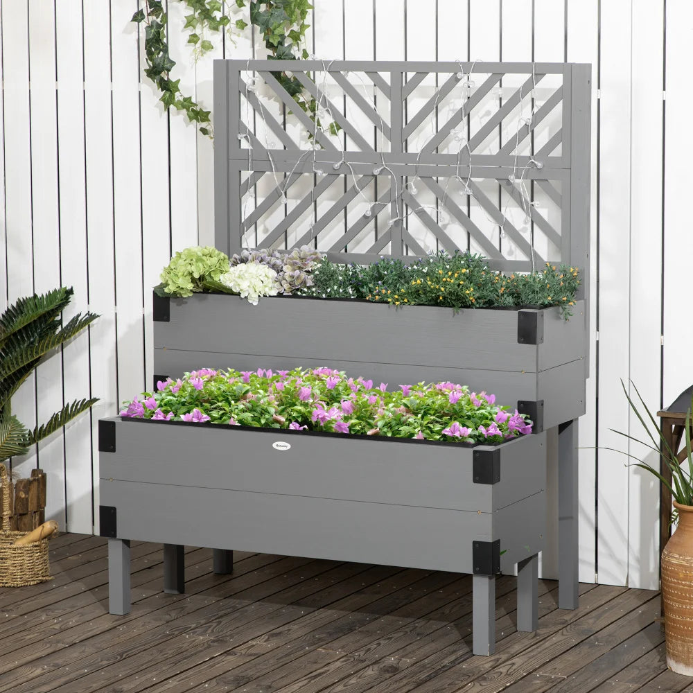 Raised Garden Bed with Trellis Two Tier Wooden Elevated Planter Box with Legs and Metal Corners for Vegetables Flowers and Herbs