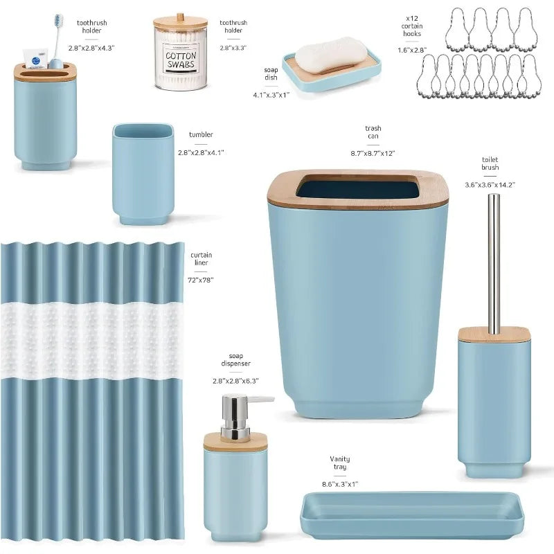 Blue Bathroom Accessories Set 24 Pieces with Shower Curtain and Trash Can for Home Décor and Gifts