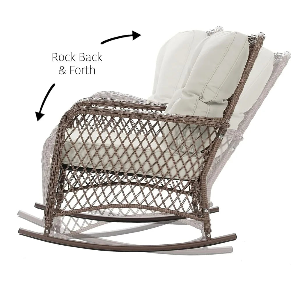 Outdoor Rocker Chairs and Coffee Table for Garden, Wicker Rocking Bistro Set with Thick Cushions, Patio Furniture Set 3 Pieces