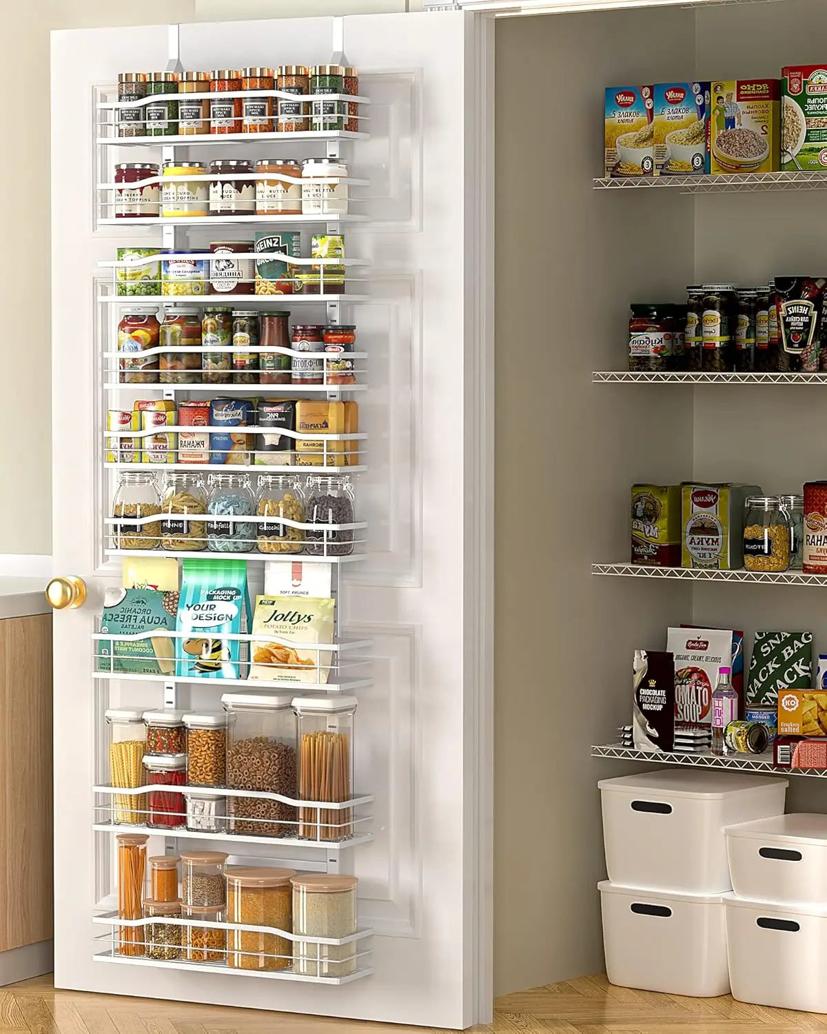 White 9 Tier Over The Door Pantry Organizer Metal Hanging Spice Rack Shelves Storage Solution for Home