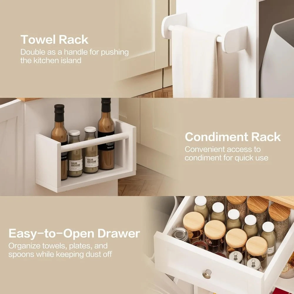 Rolling Kitchen Island with Trash Can Storage, Kitchen Island Cart with Drop Leaf Countertop, 47.2” Kitchen Island on Wheels