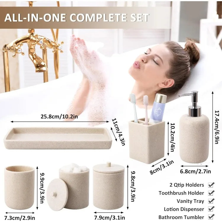 Resin 6 Piece Beige Bathroom Set with Toothbrush Holder Lotion Soap Dispenser Qtip Holder Dispensers Vanity Tray and Bathroom Tumbler