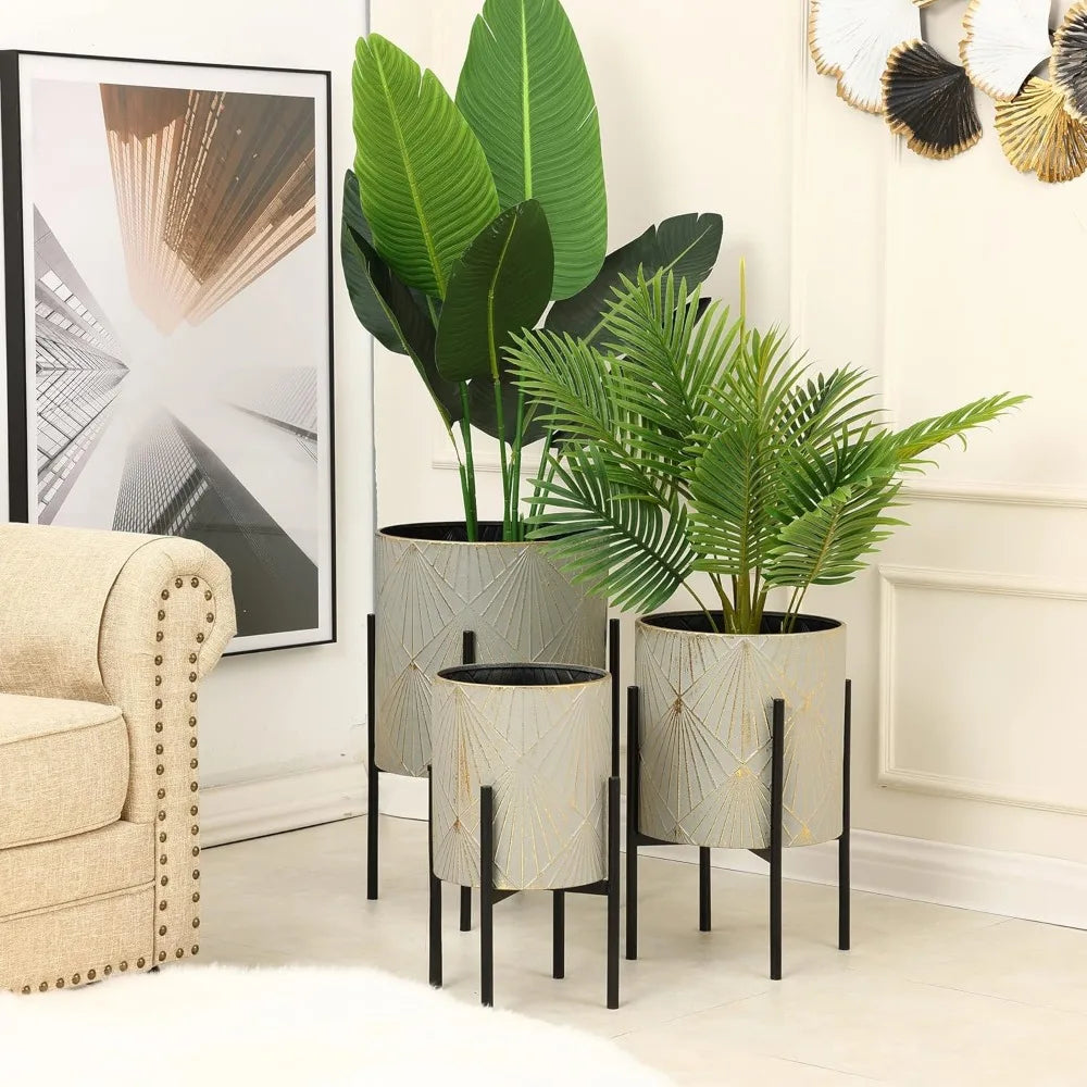 LuxenHome Indoor Plant Planters Set of 3 Floor Pots with Stands Modern Decorative Metal Flower Pots Distressed Gray Gold