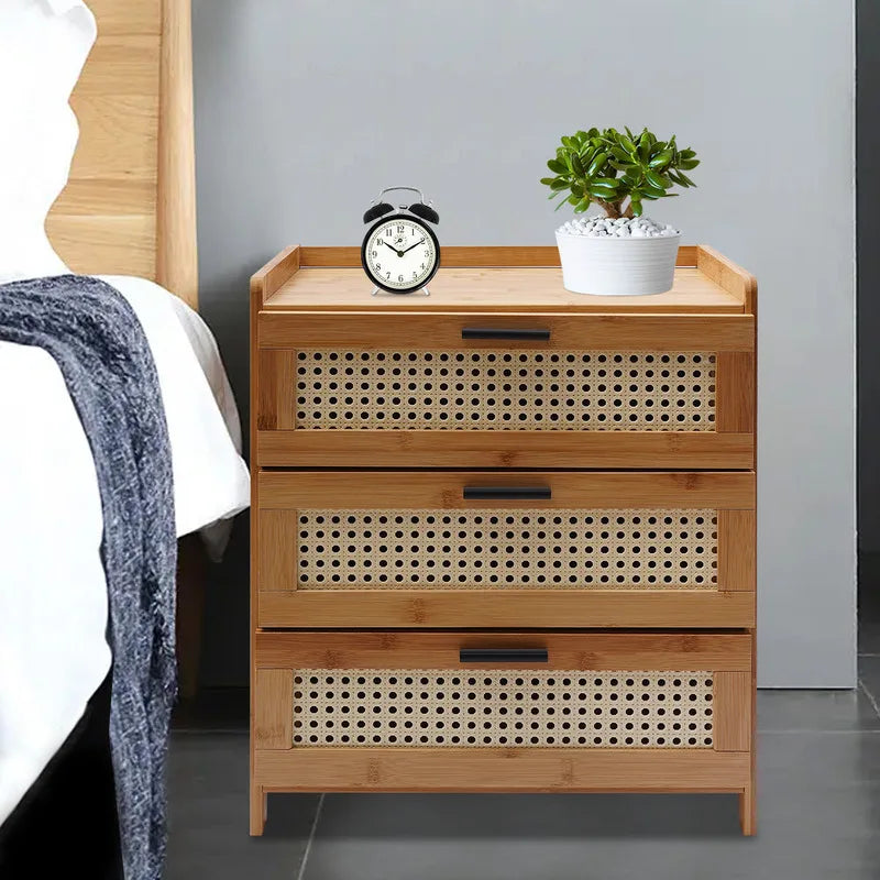 3- Drawer Bamboo Wood Bedside Table Nightstand Storage Cabinet Bedroom Bedside End Table Furniture