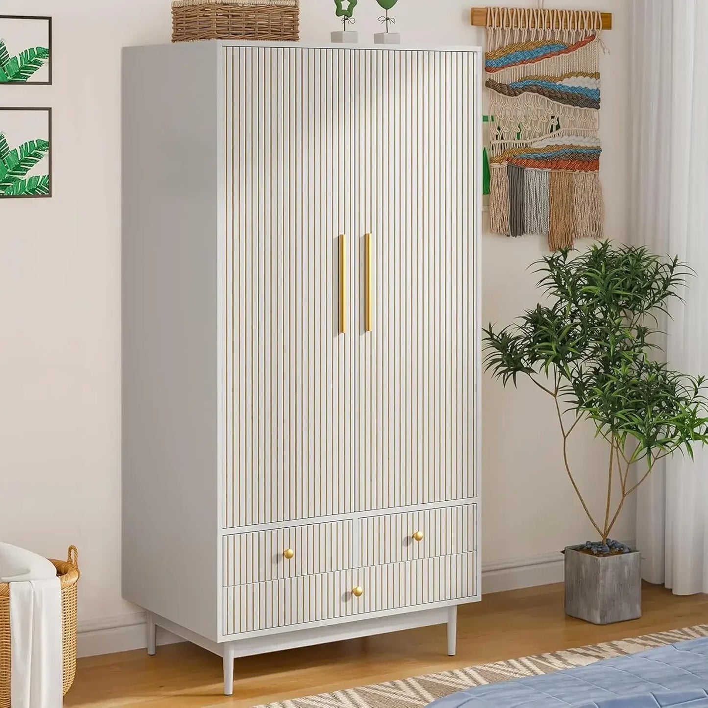 Wardrobe Armoire Wardrobe Closet with 2 Fluted Doors,64.96"e