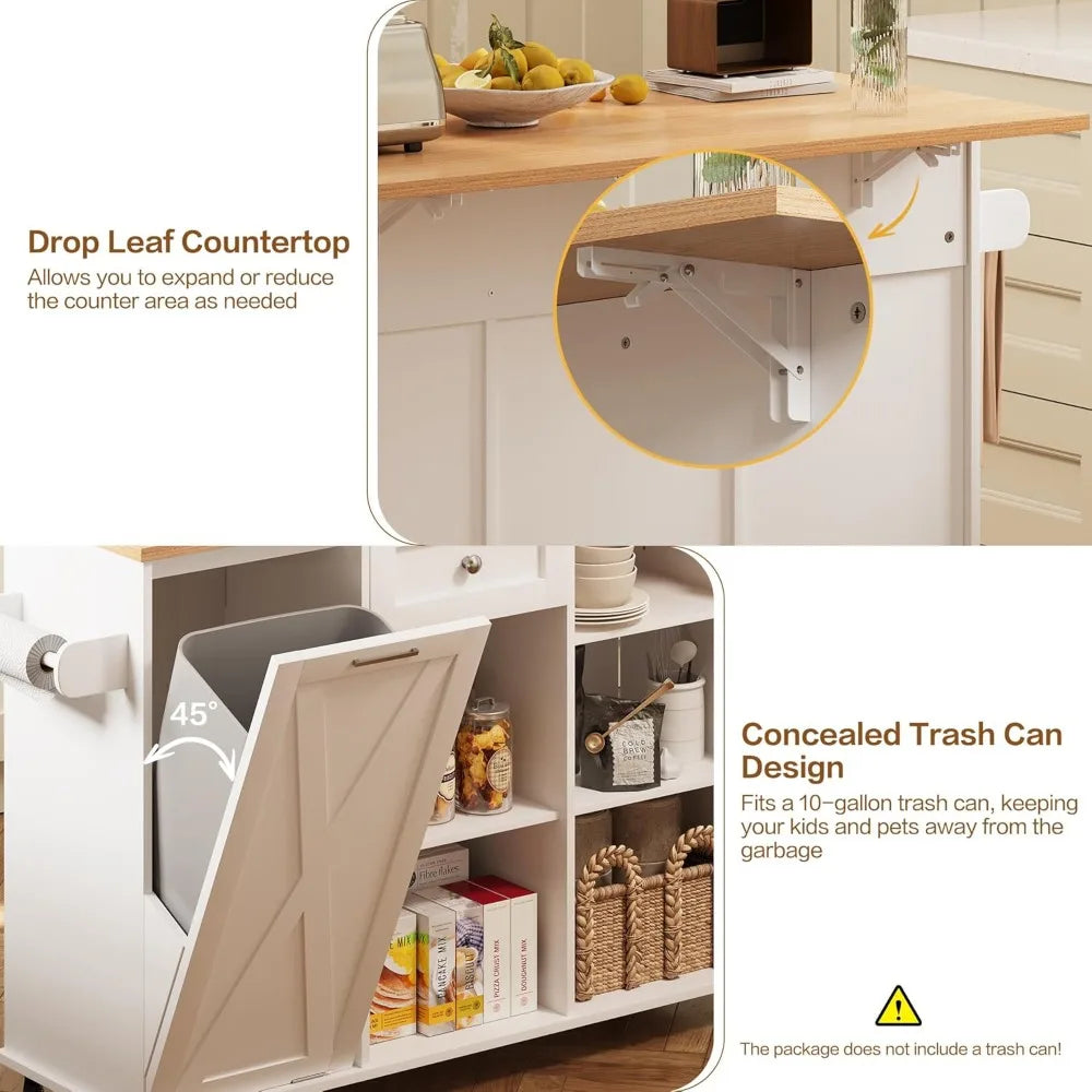 Rolling Kitchen Island with Trash Can Storage, Kitchen Island Cart with Drop Leaf Countertop, 47.2” Kitchen Island on Wheels