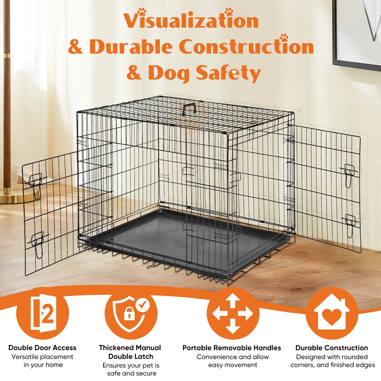 JHK Double Door Folding Metal Wire Dog Cage with Plastic Leak-Proof Pan Tray Extra Large Pet