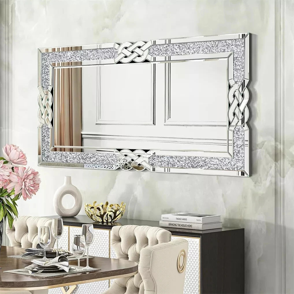 Wisfor Crushed Diamond Wall Mirror Rectangular Glass Silver Vanity Decor