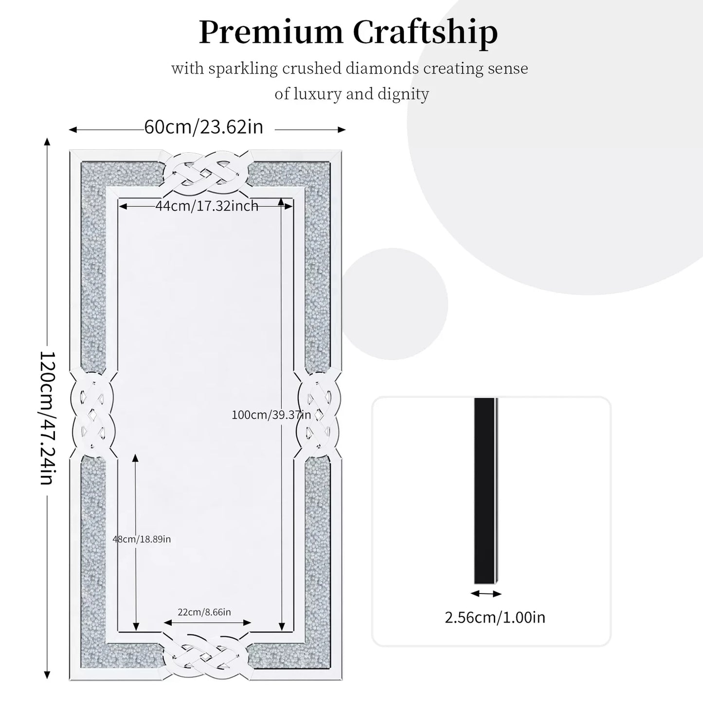 Wisfor Crushed Diamond Wall Mirror Rectangular Glass Silver Vanity
