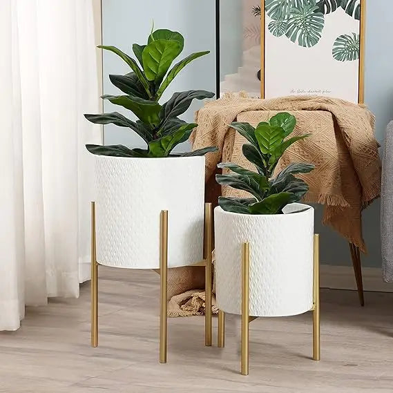 LuxenHome Indoor Plant Planters Set of 3 Floor Pots with Stands Modern Decorative Metal Flower Pots Distressed Gray Gold
