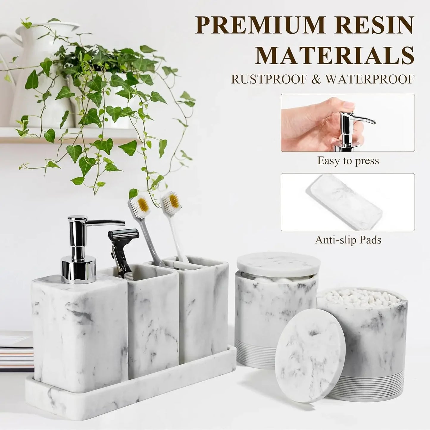 Authentic Bathroom Accessories Set 6 Piece Bathroom Set with Toothbrush Holders Soap Dispenser Vanity Tray Artificial Marble