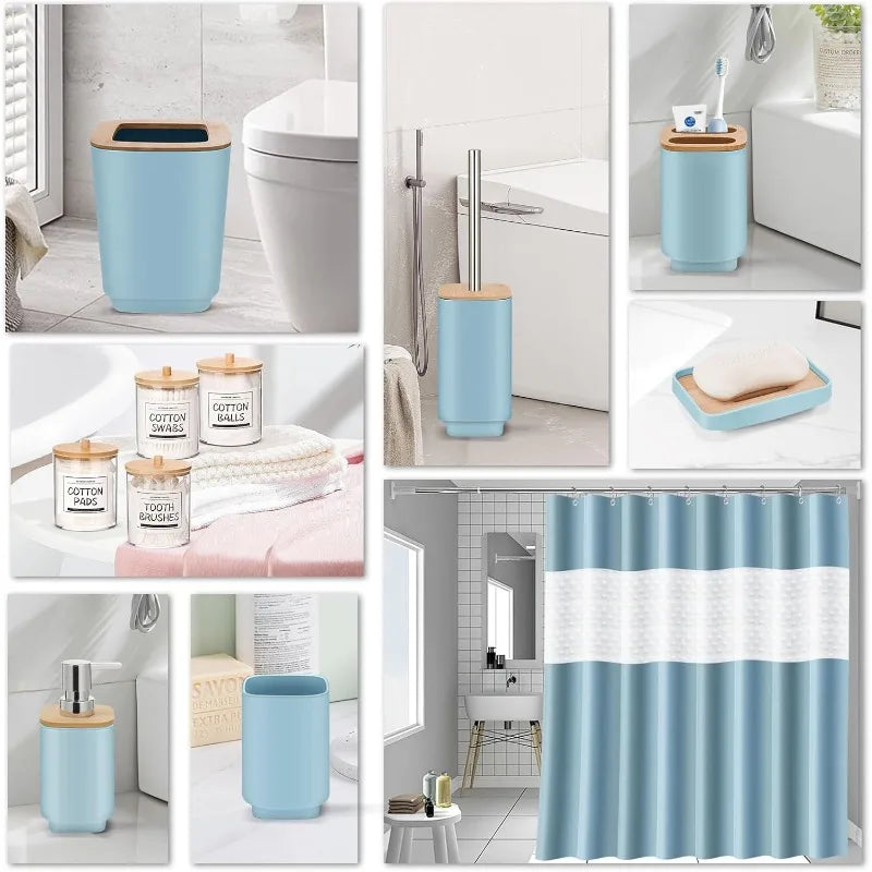 Blue Bathroom Accessories Set 24 Pieces with Shower Curtain and Trash Can for Home Décor and Gifts